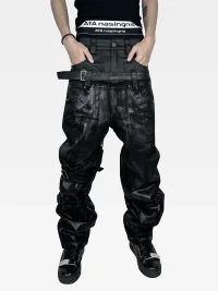 ATAnothingness | Double Waist Waxed Foil-Stamped Jeans