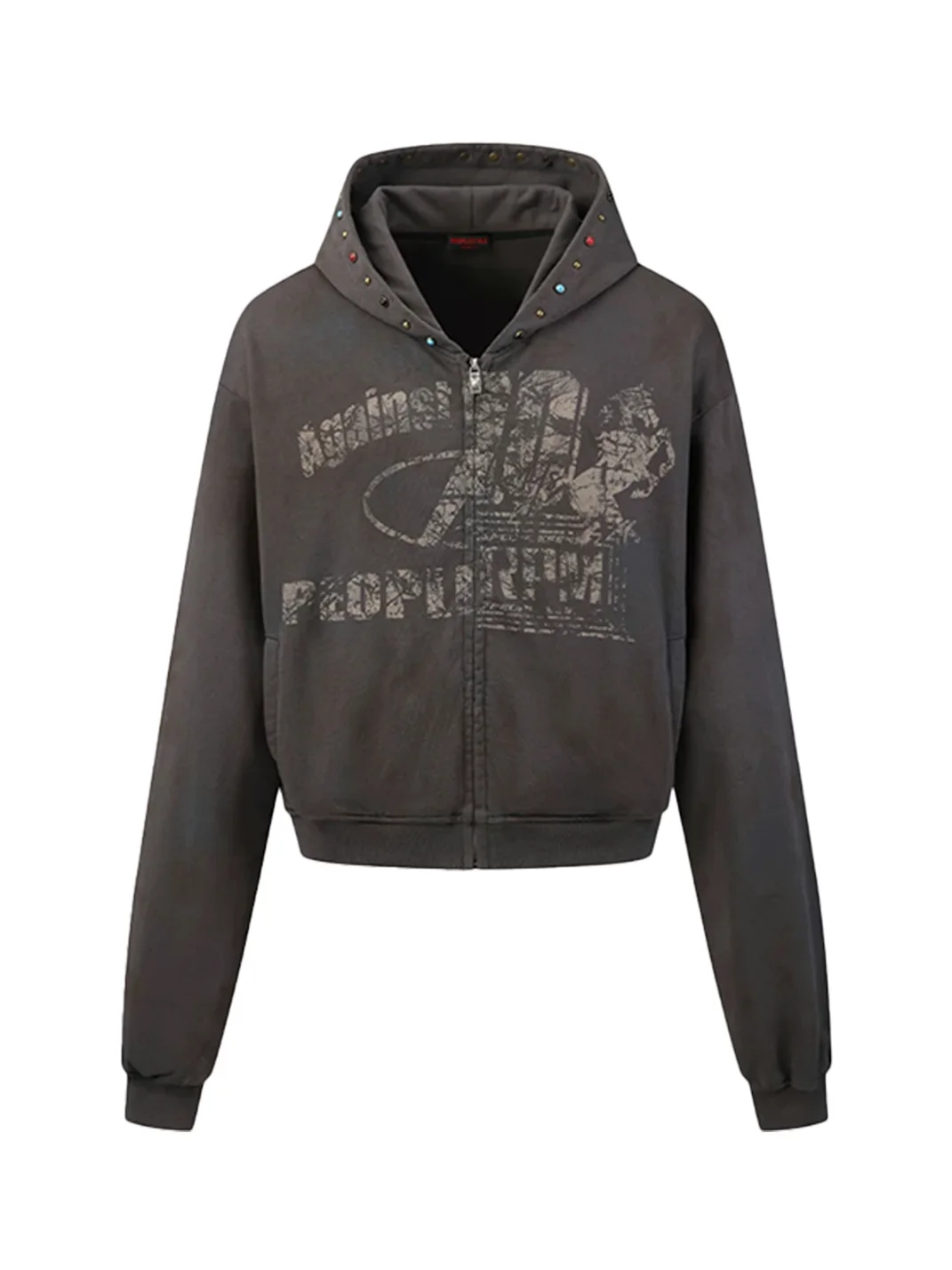 PEOPLESENSE | Distressed Racing Print Jewel Studded Zip-Up Hoodie