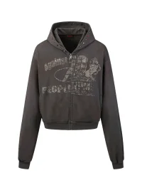 PEOPLESENSE | Distressed Racing Print Jewel Studded Zip-Up Hoodie