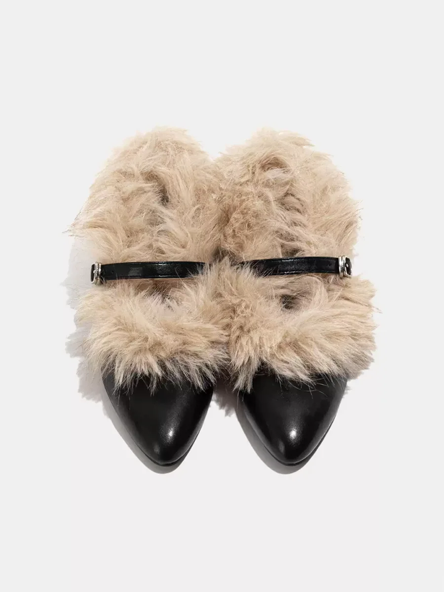 LMDD | Black Pointed Toe Plush Mary Jane Flats - 3