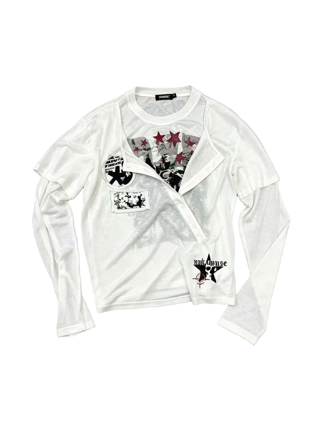 YUKAHOUSE | Faux-Layered Graphic Patch Long Sleeve T-Shirt
