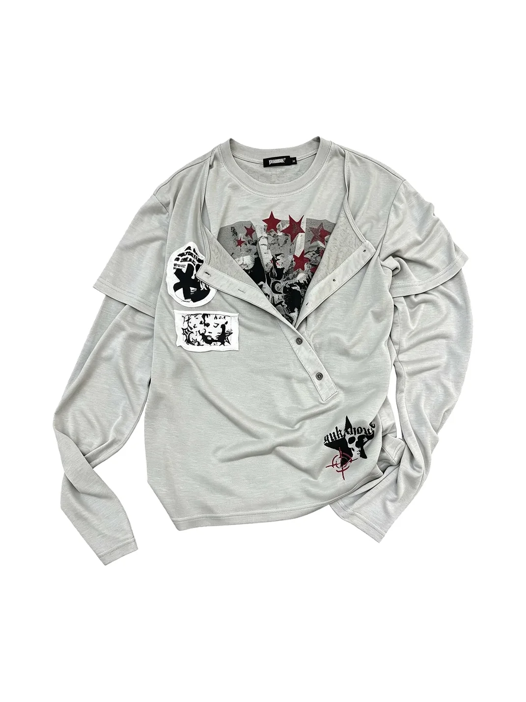 YUKAHOUSE | Faux-Layered Graphic Patch Long Sleeve T-Shirt
