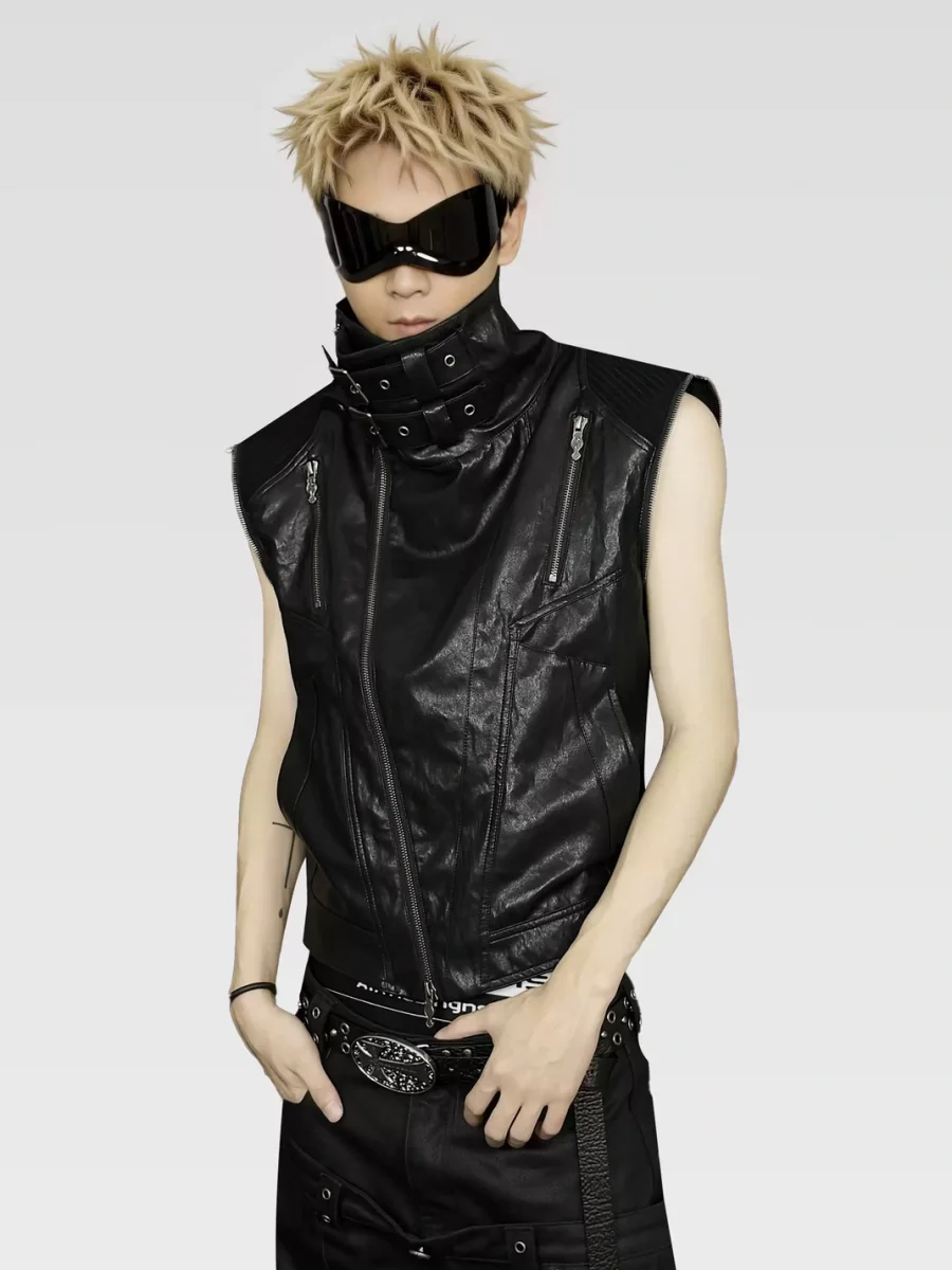 ATAnothingness | Detachable Sleeve Stand Collar Leather Jacket - 4
