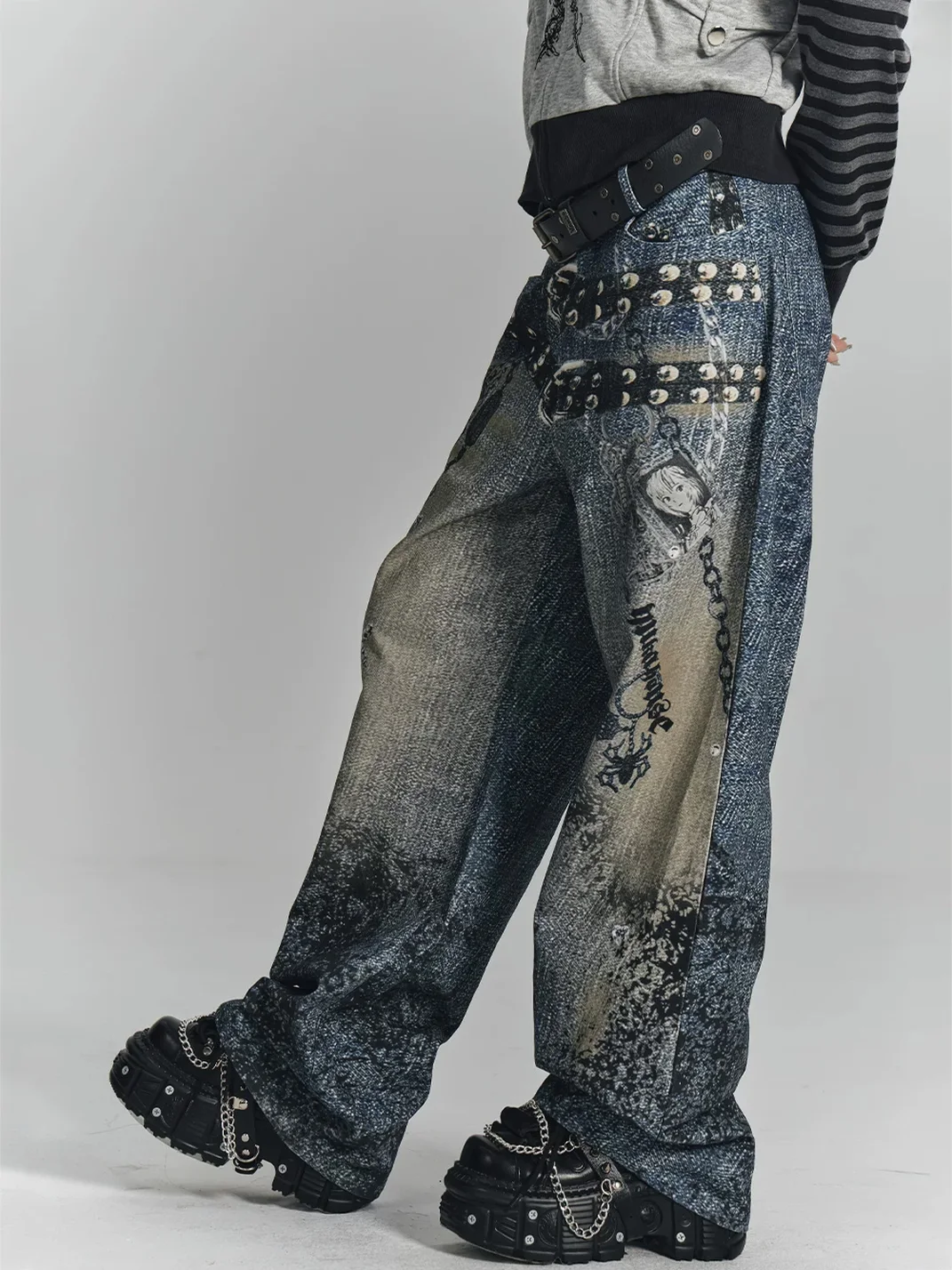 YUKAHOUSE | Loose Wide-Leg Chain Print Jeans