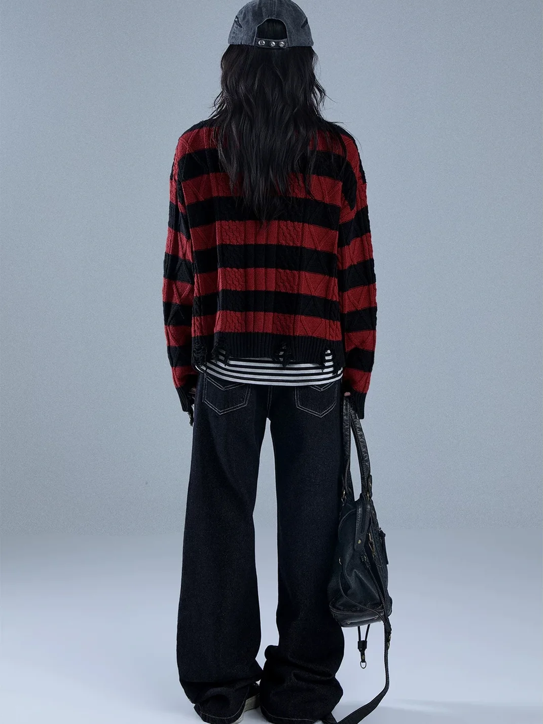 YUKAHOUSE | Distressed Striped Tie-Neck V-Neck Polo Sweater