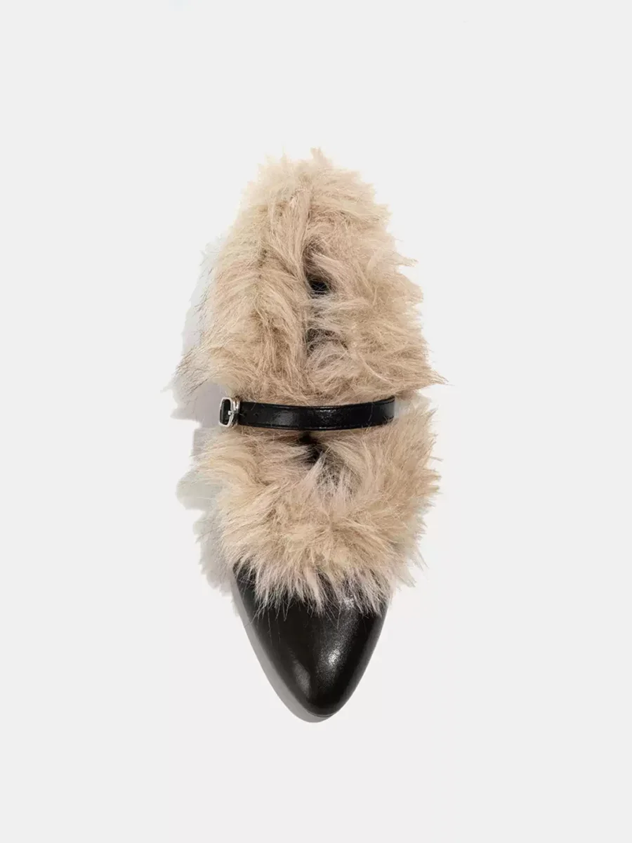 LMDD | Black Pointed Toe Plush Mary Jane Flats - 4