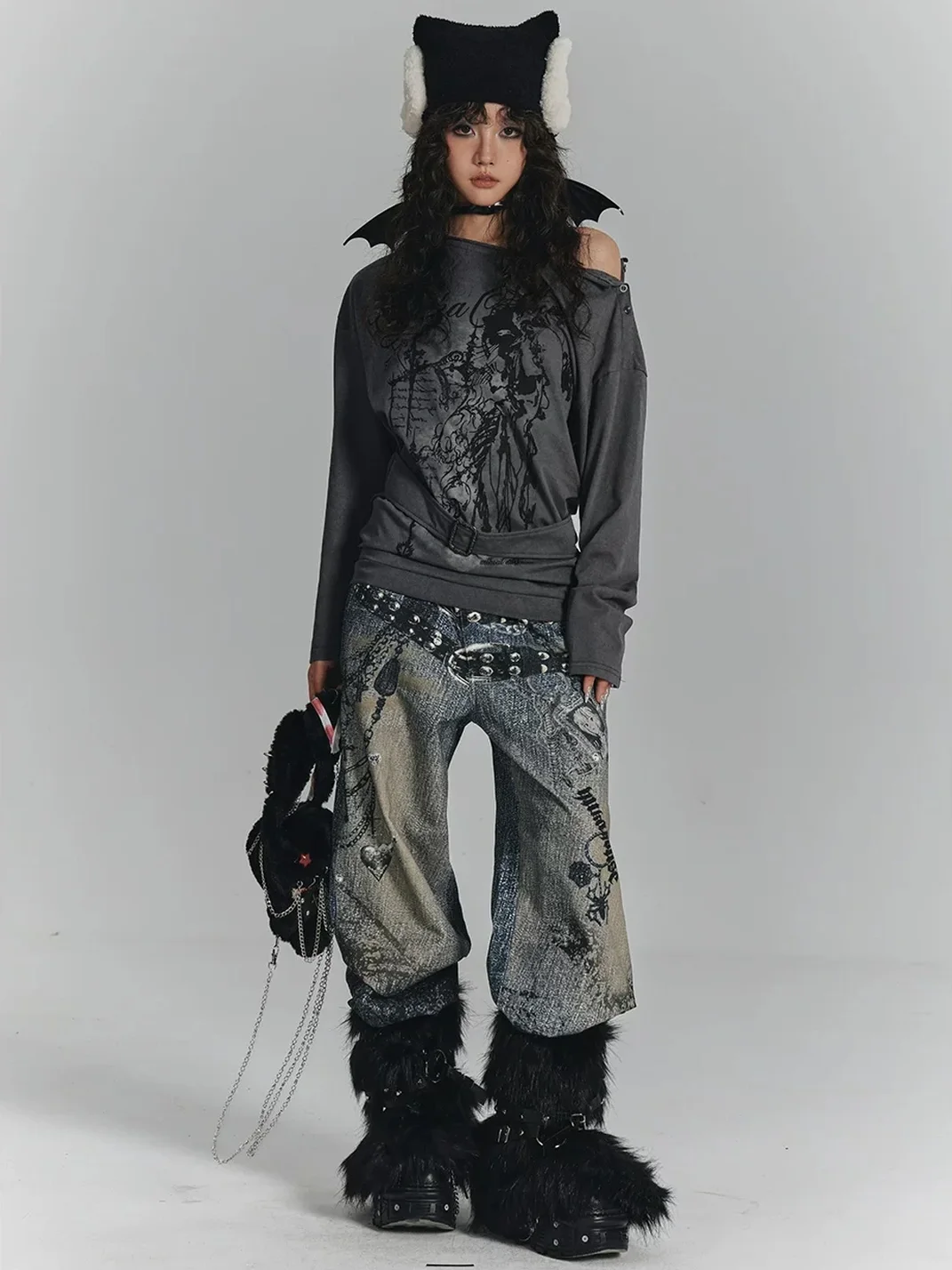 YUKAHOUSE | Loose Wide-Leg Chain Print Jeans