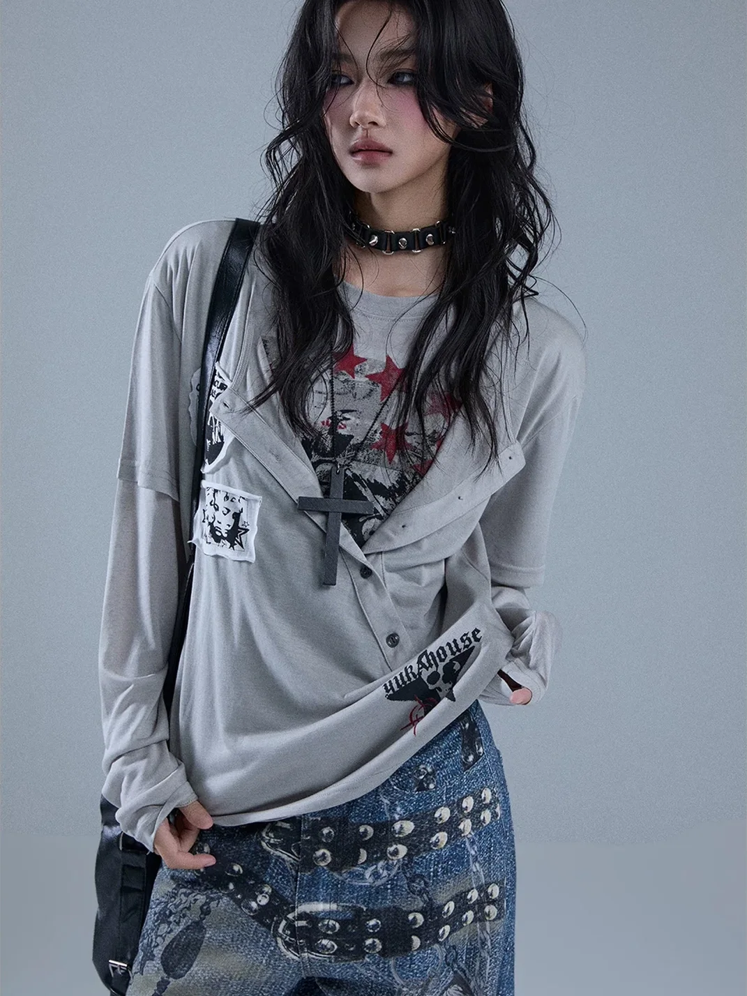 YUKAHOUSE | Faux-Layered Graphic Patch Long Sleeve T-Shirt