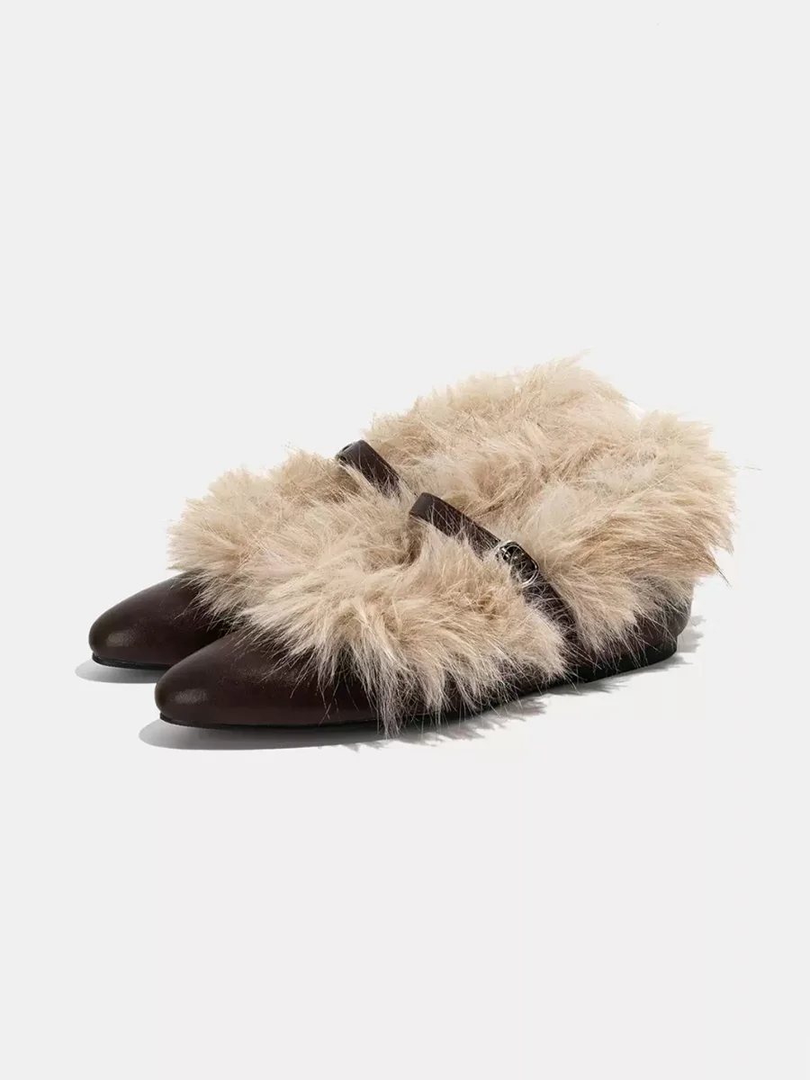 LMDD | Pointed-Toe Plush Mary Jane Flats - 2