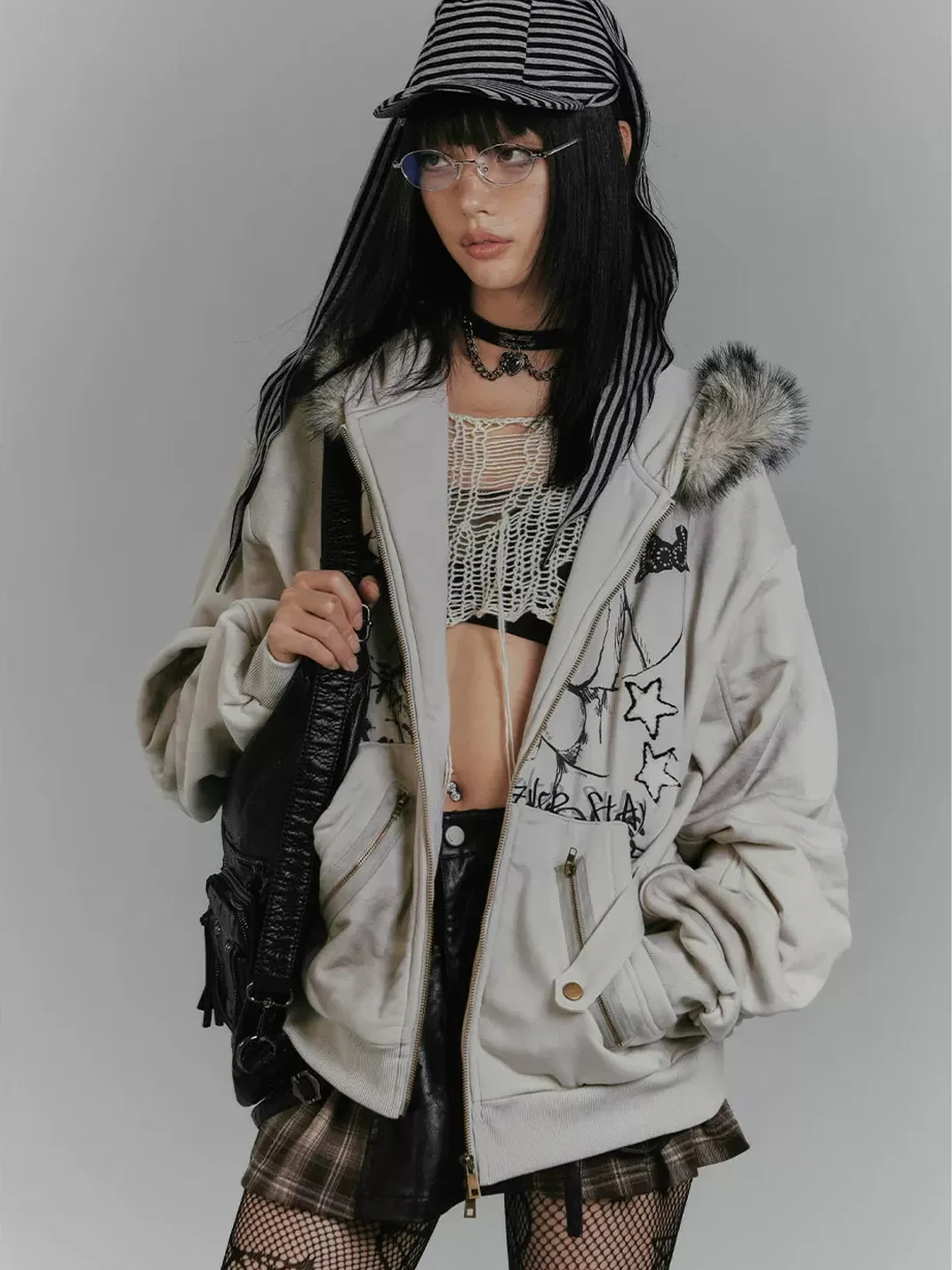 YUKAHOUSE | Oversized Rabbit-Ear Hooded Graphic Jacket