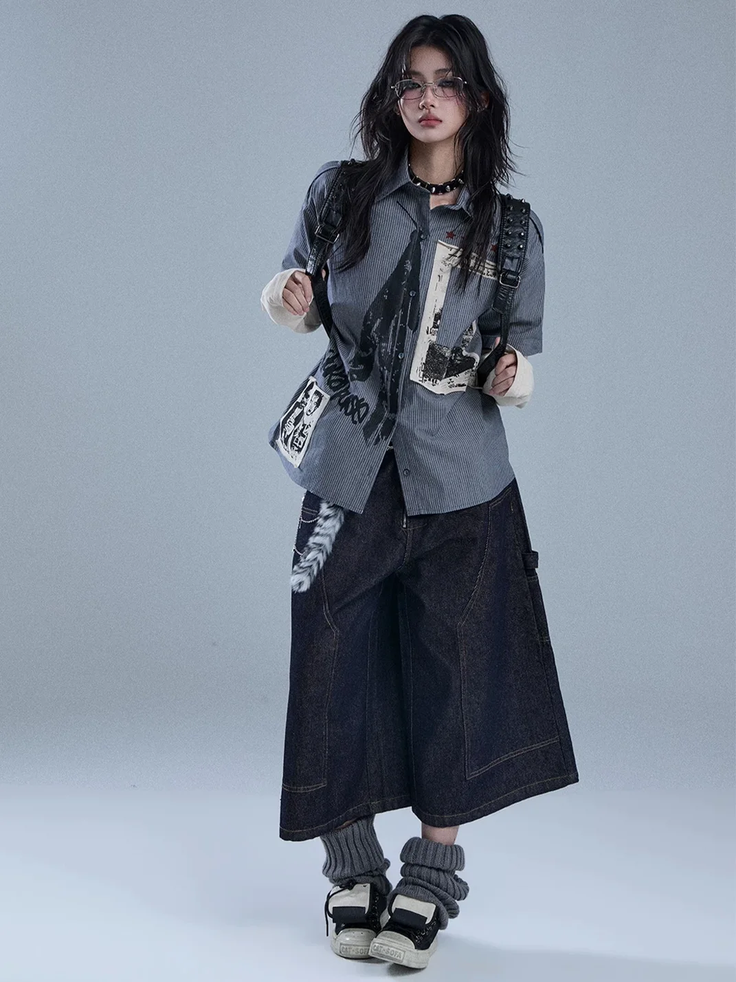 YUKAHOUSE | Unisex Faux-Layered Patchwork Long-Sleeve Shirt