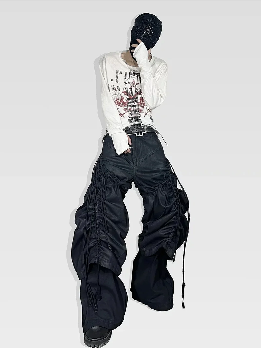 ATAnothingness | Adjustable Ruched Waxed Baggy Wide Leg Jeans