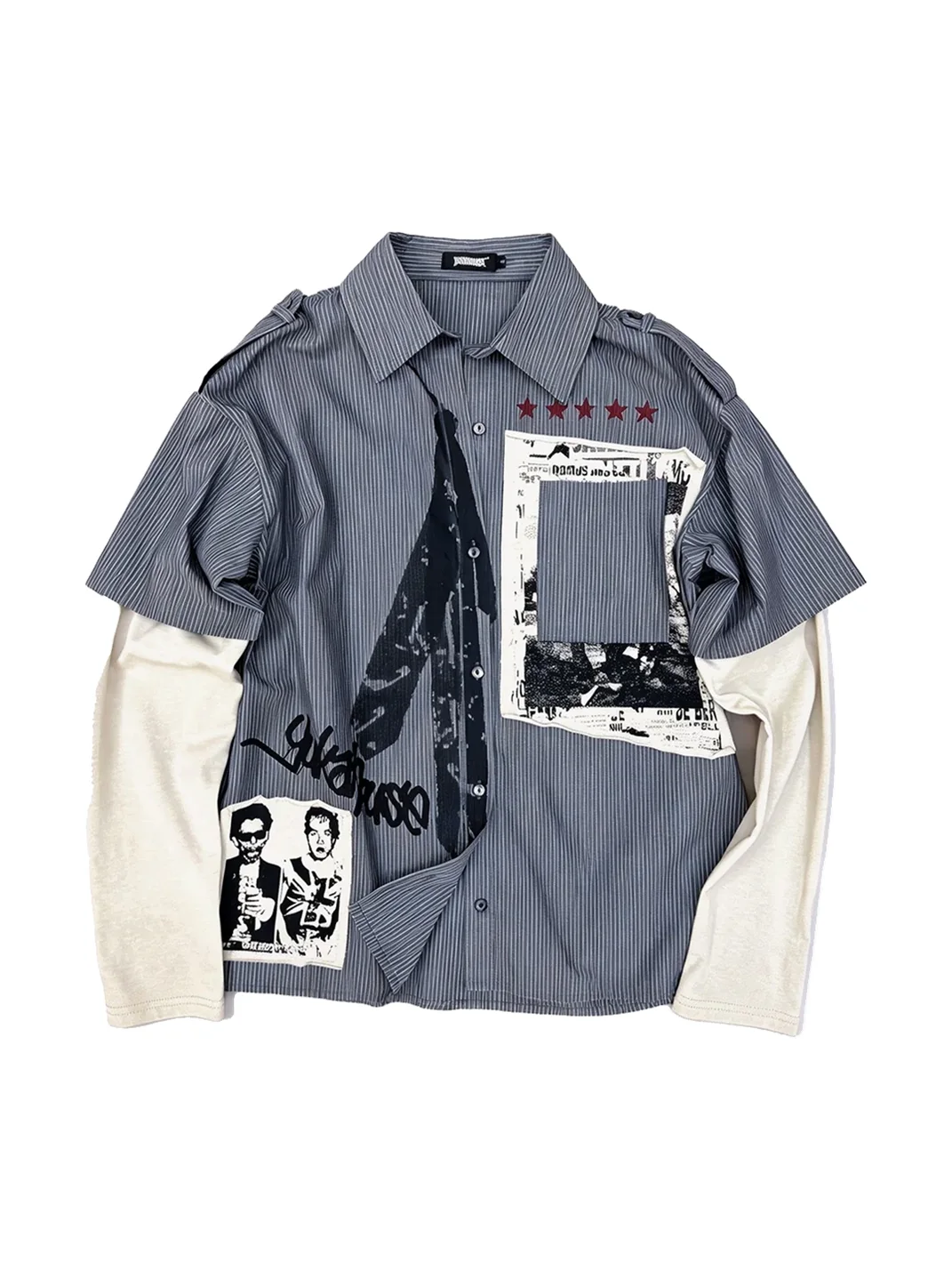 YUKAHOUSE | Unisex Faux-Layered Patchwork Long-Sleeve Shirt