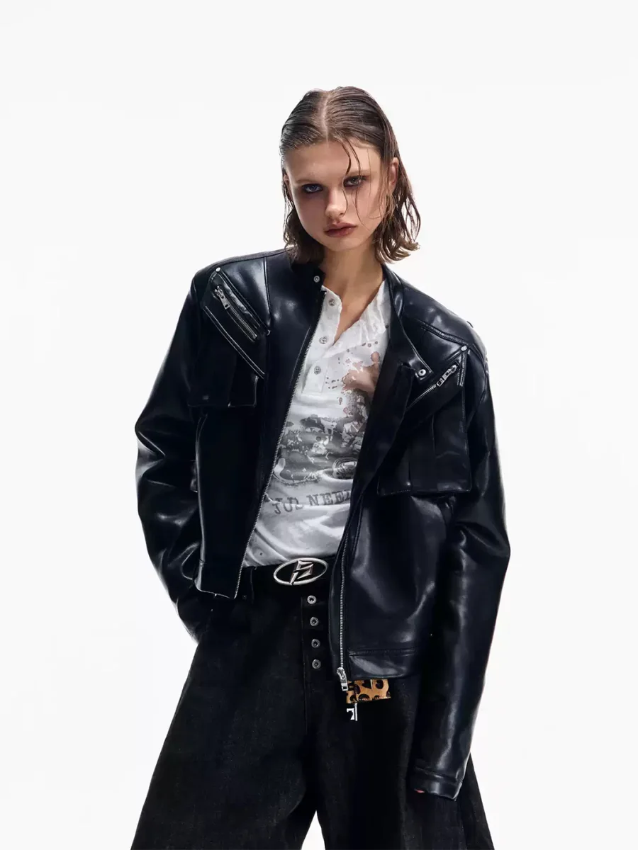 PEOPLESENSE | Cropped Stand Collar Motorcycle Jacket With Metal Zipper - 3