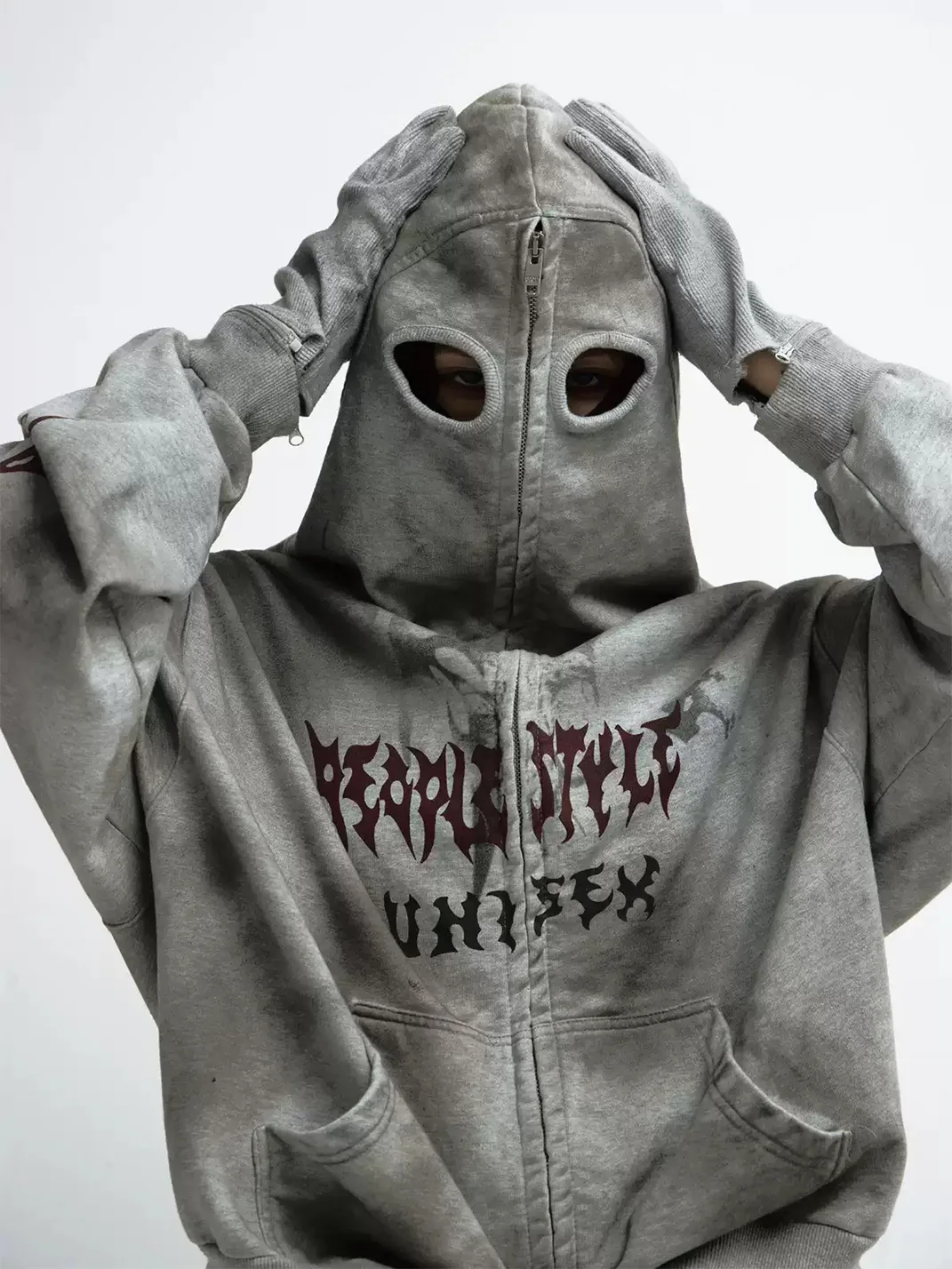 PEOPLESENSE | Distressed Loose Zip-Up Hoodie With Detachable Gloves