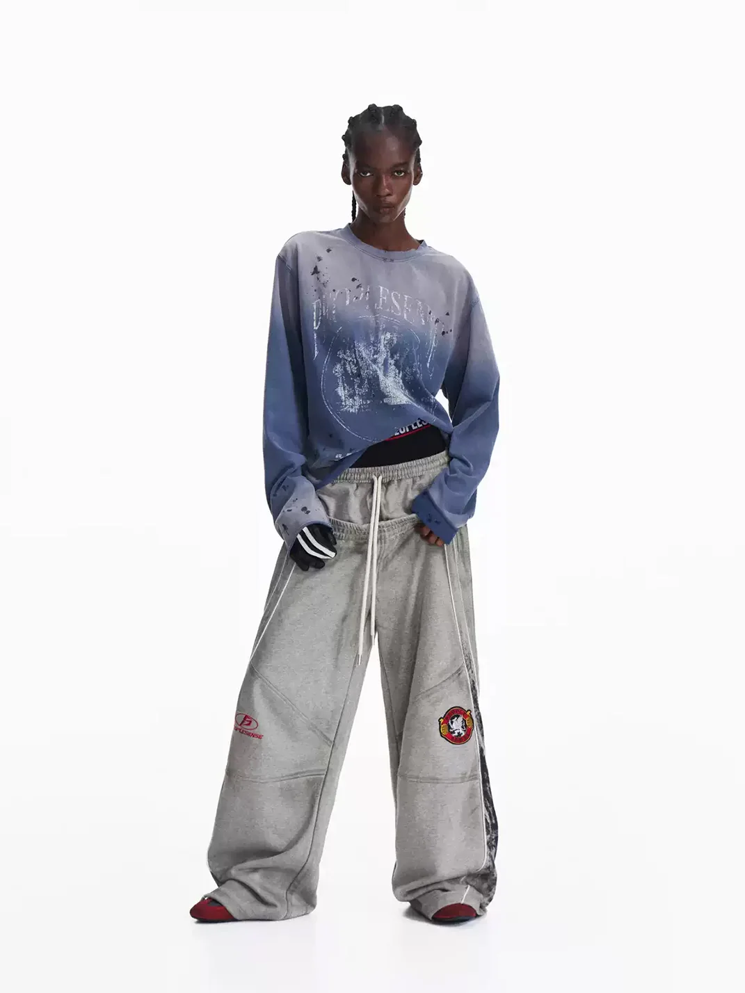 PEOPLESENSE | Distressed Double-Waist Embroidered Wide-Leg Sweatpants