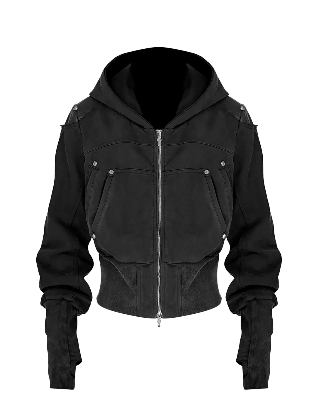 ATAnothingness | Washed Black Armored Shoulder Zip-Up Hoodie