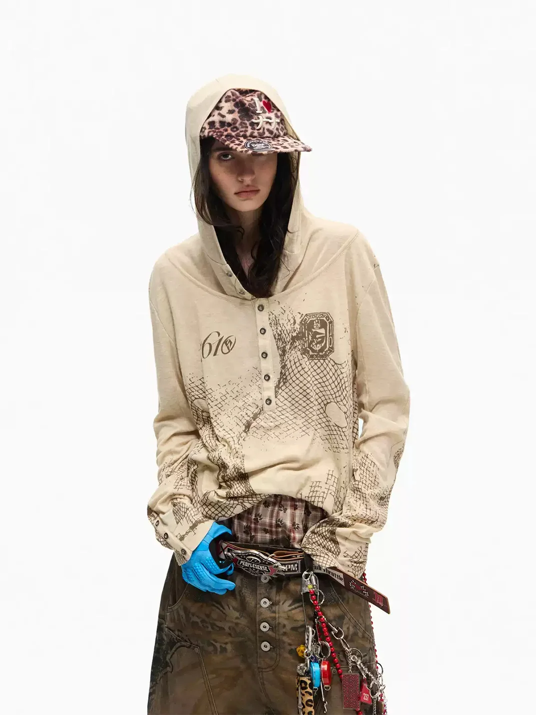 PEOPLESENSE | Deconstructed Mesh Print Hooded Henley Long Sleeve T-Shirt