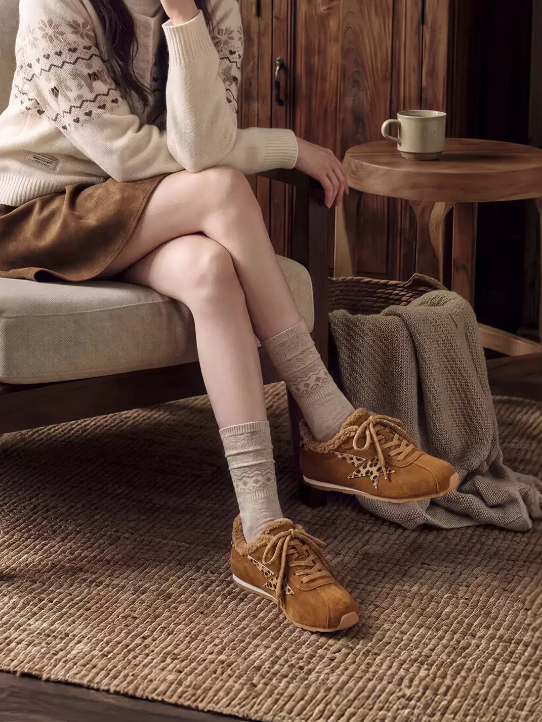 EBLAN | Retro Thick-Sole Star Plush-Lined Sneakers