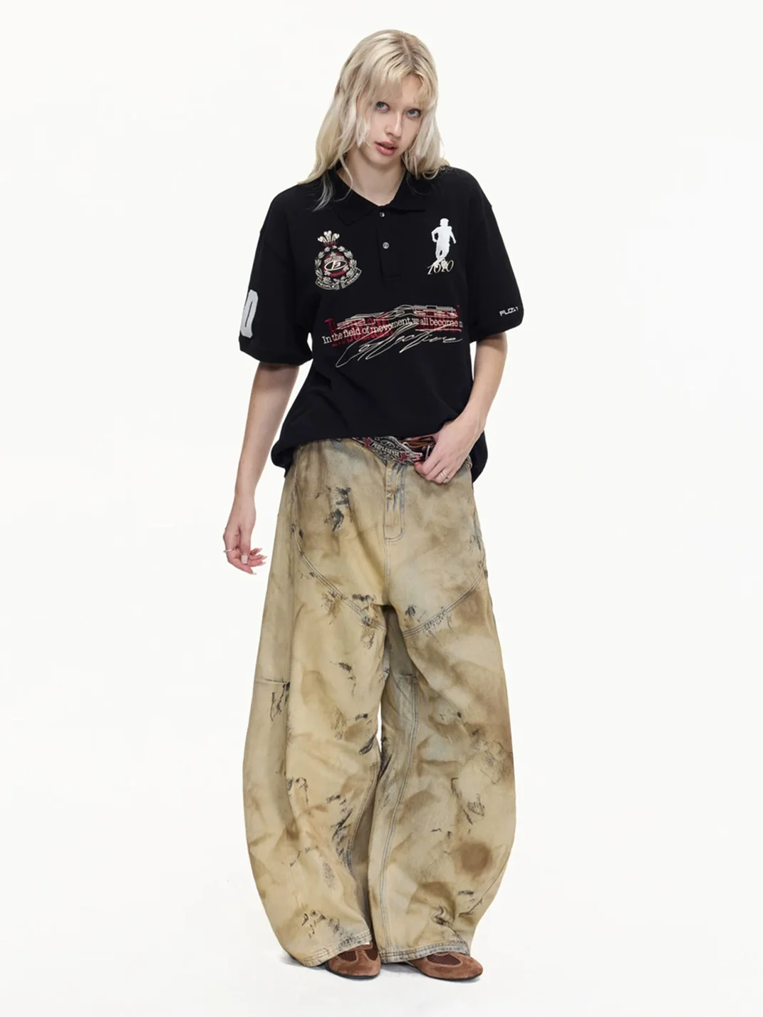 PEOPLESENSE | Mud-Dyed Distressed Loose Curved Wide-Leg Jeans