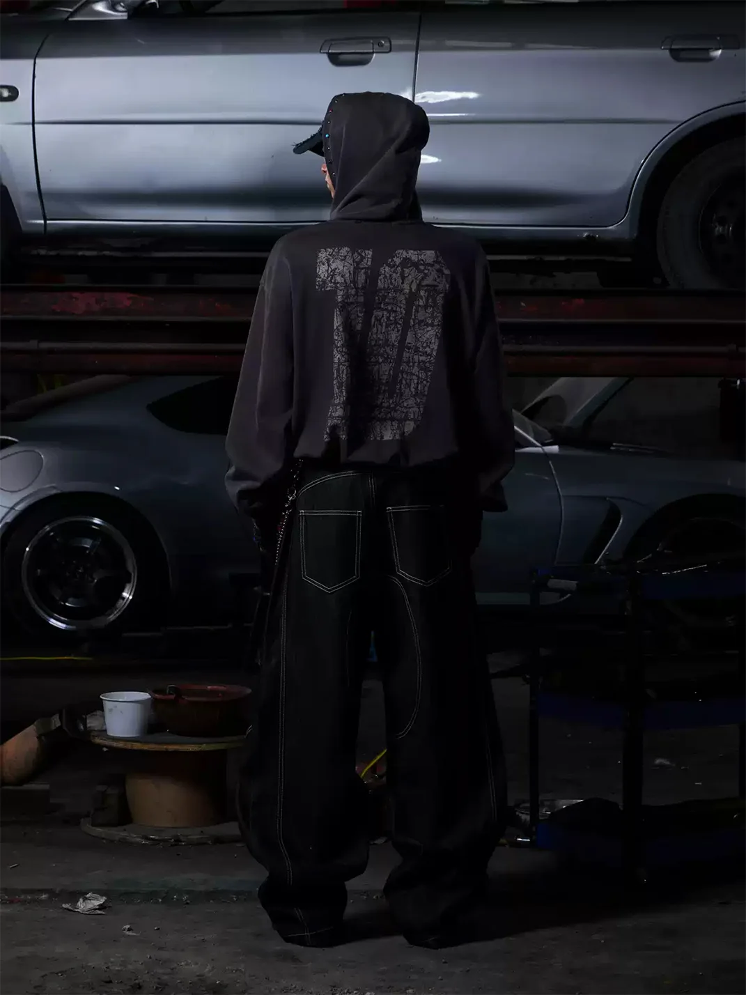 PEOPLESENSE | Distressed Racing Print Jewel Studded Zip-Up Hoodie