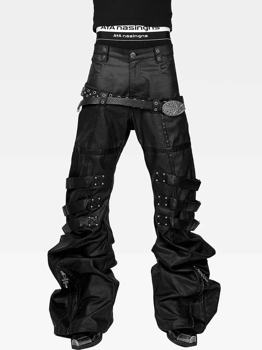 ATAnothingness | Waxed Leather-Panel Double-Waist Slim Stacked Strap Pants