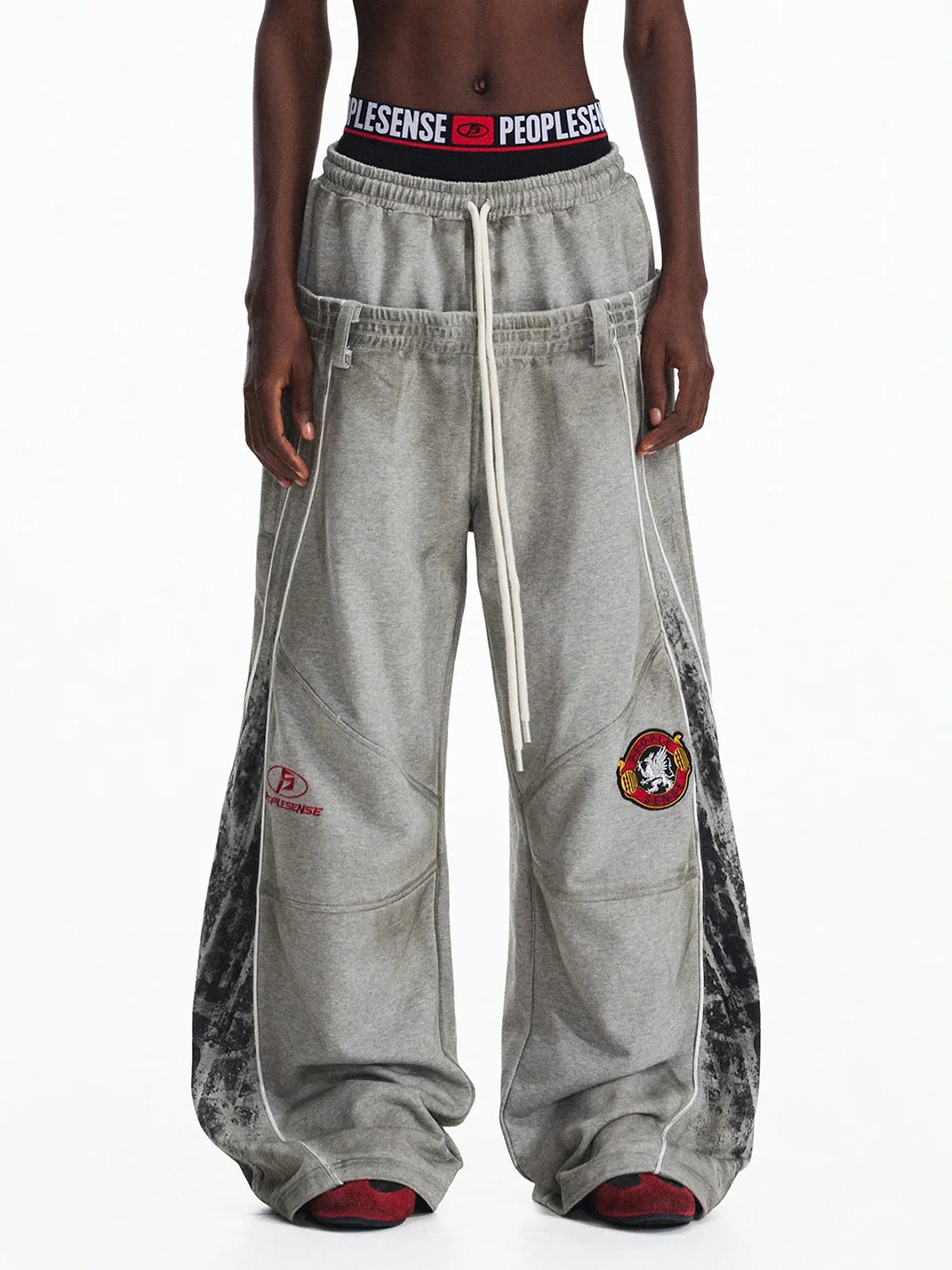 PEOPLESENSE | Distressed Double-Waist Embroidered Wide-Leg Sweatpants