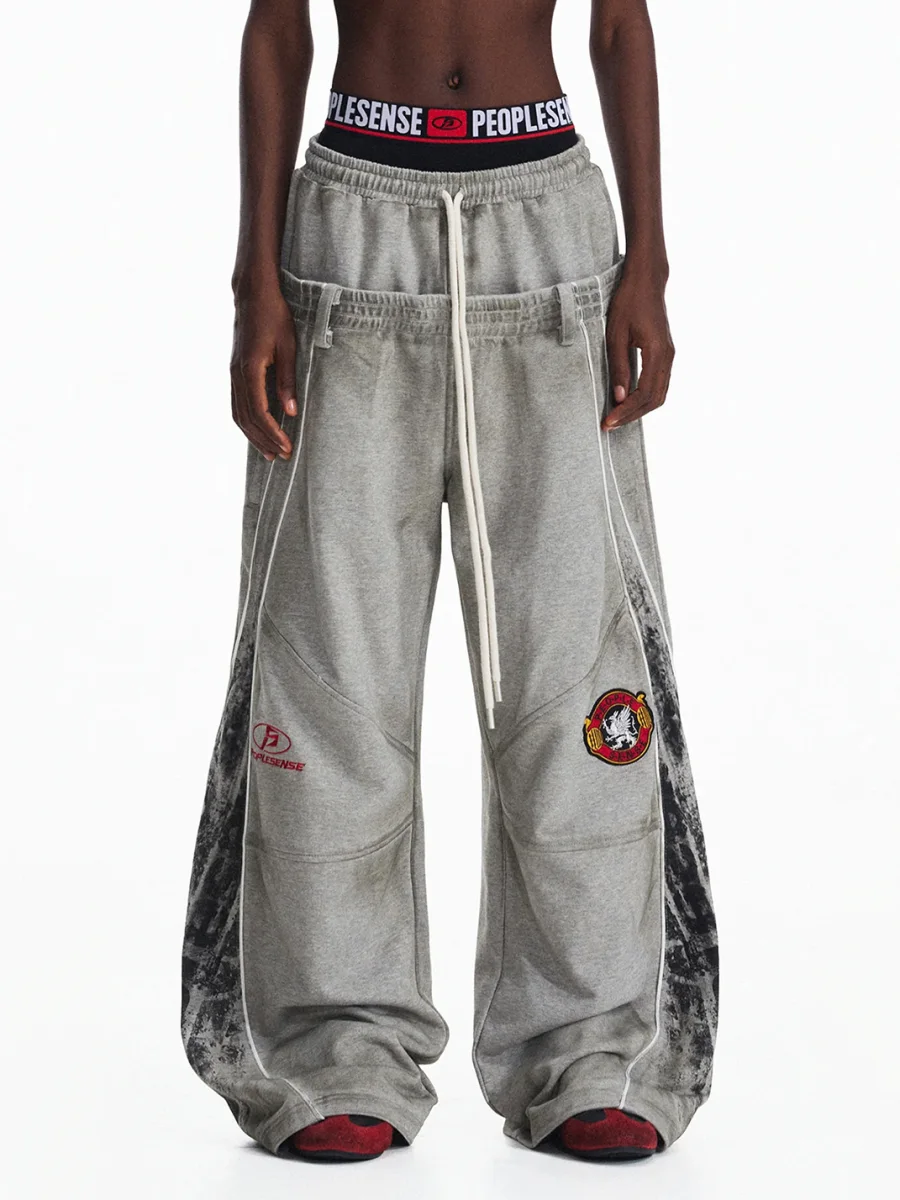 PEOPLESENSE | Distressed Double-Waist Embroidered Wide-Leg Sweatpants - 2