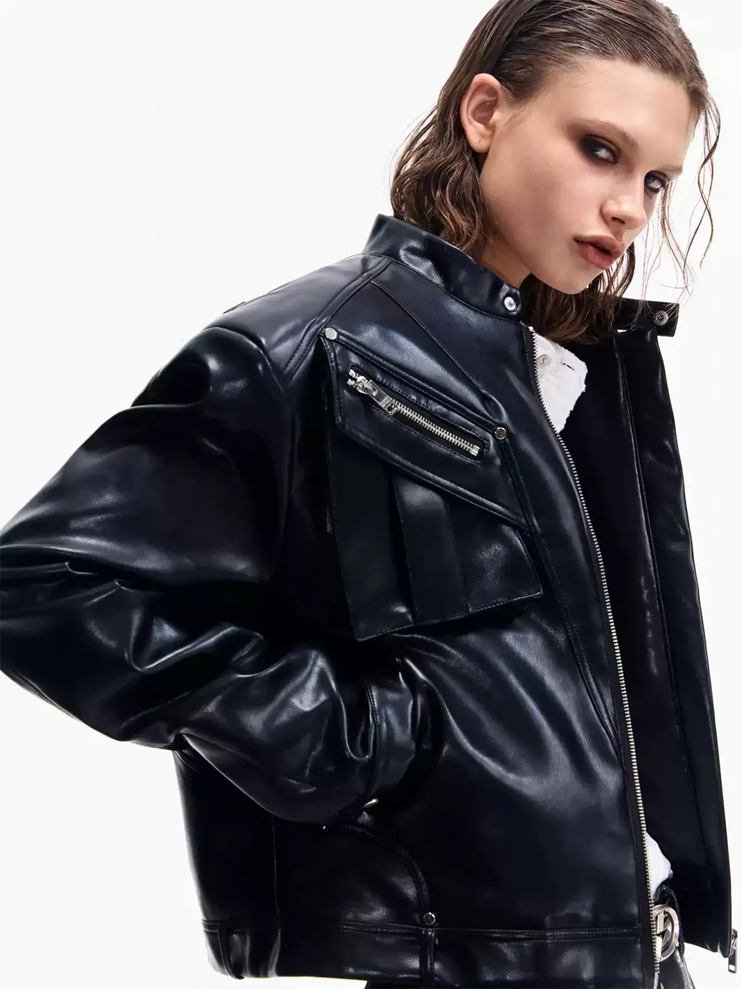 PEOPLESENSE | Cropped Stand Collar Motorcycle Jacket With Metal Zipper