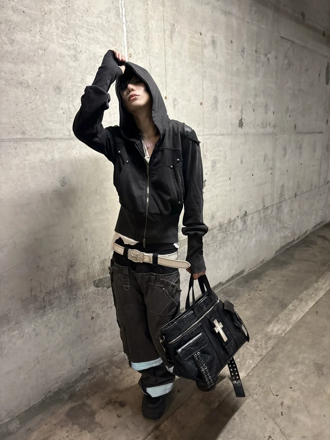 ATAnothingness | Washed Black Armored Shoulder Zip-Up Hoodie