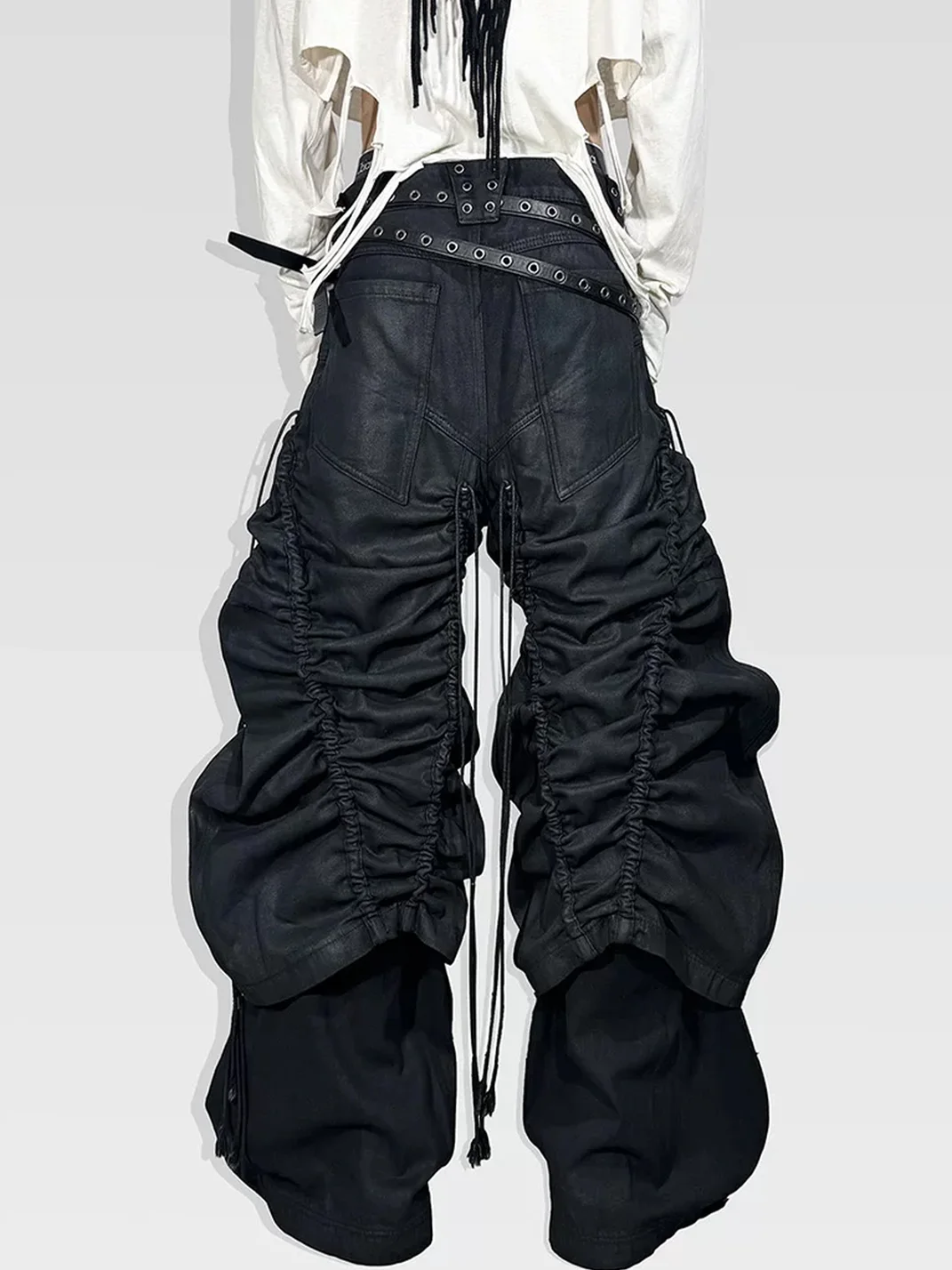 ATAnothingness | Adjustable Ruched Waxed Baggy Wide Leg Jeans