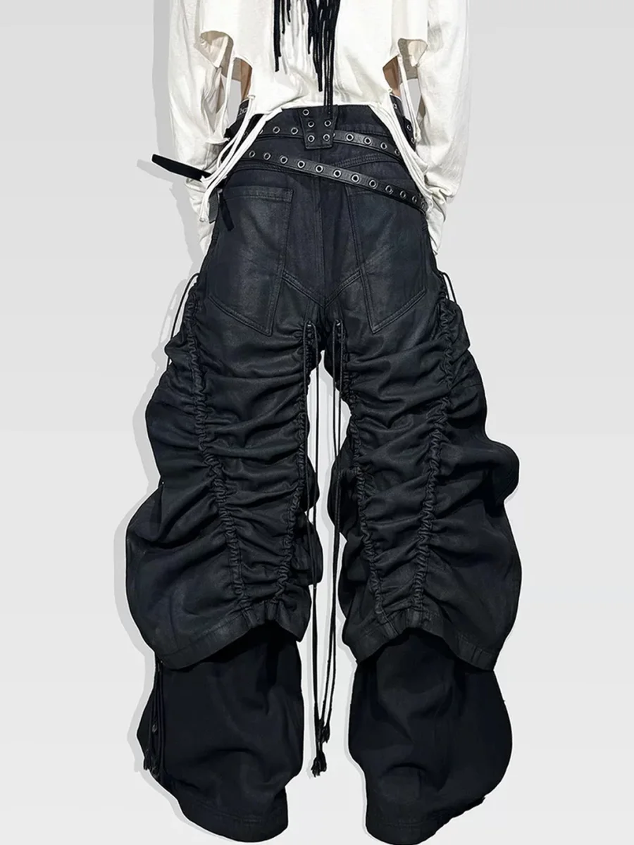 ATAnothingness | Adjustable Ruched Waxed Baggy Wide Leg Jeans - 4