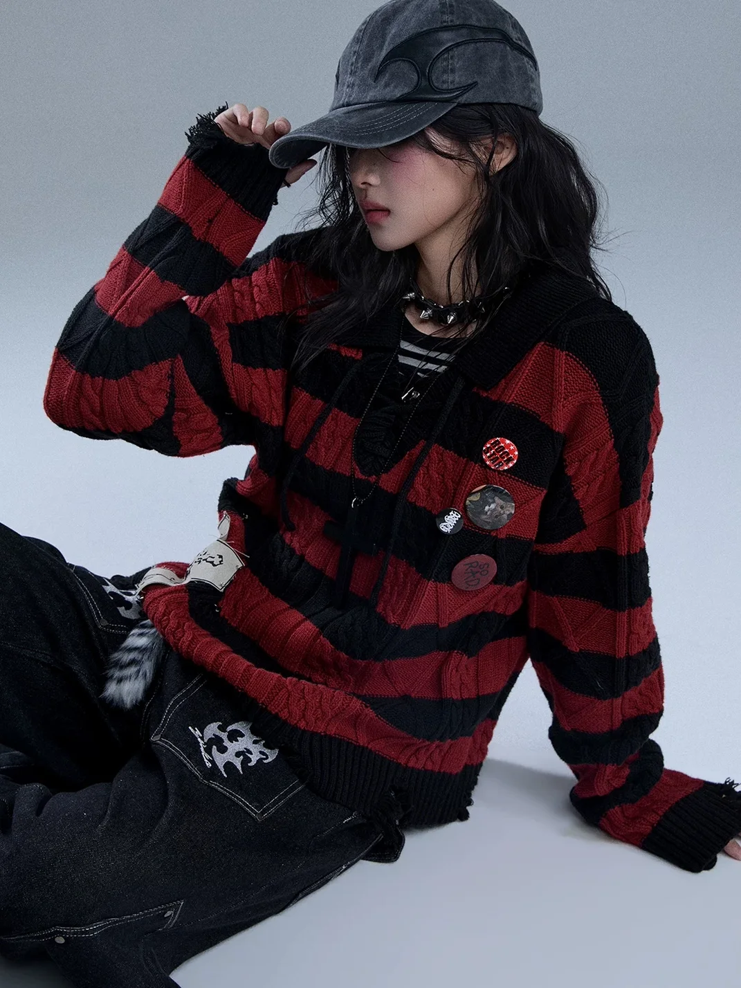 YUKAHOUSE | Distressed Striped Tie-Neck V-Neck Polo Sweater