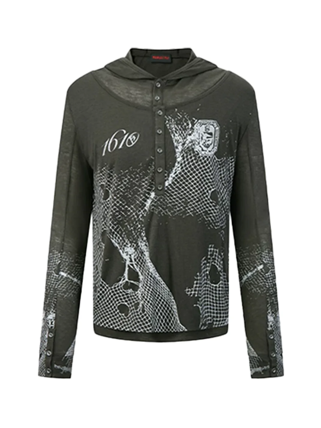 PEOPLESENSE | Deconstructed Mesh Print Hooded Henley Long Sleeve T-Shirt