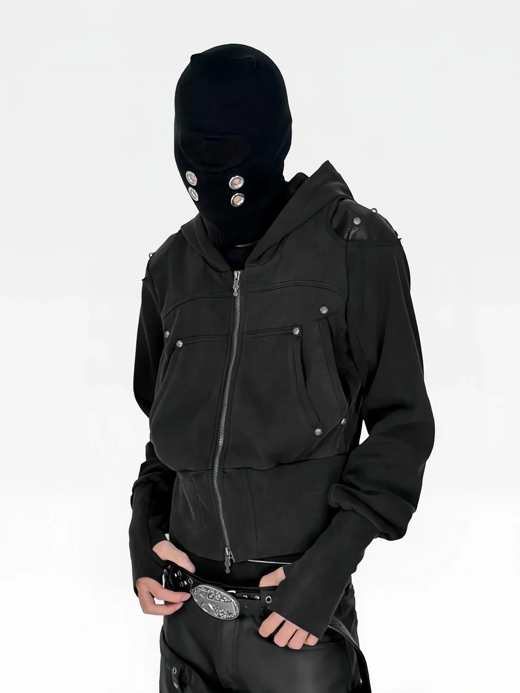 ATAnothingness | Washed Black Armored Shoulder Zip-Up Hoodie