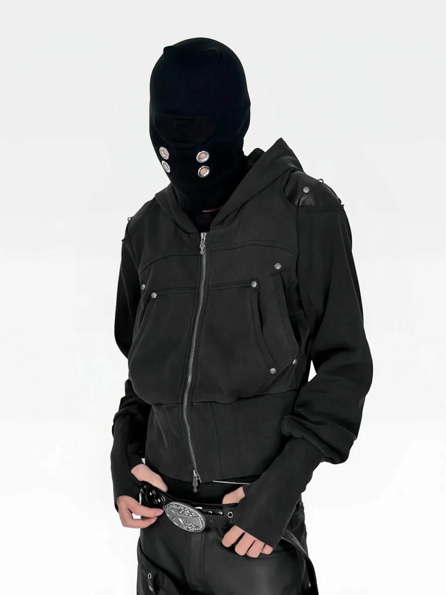ATAnothingness | Washed Black Armored Shoulder Zip-Up Hoodie - 3