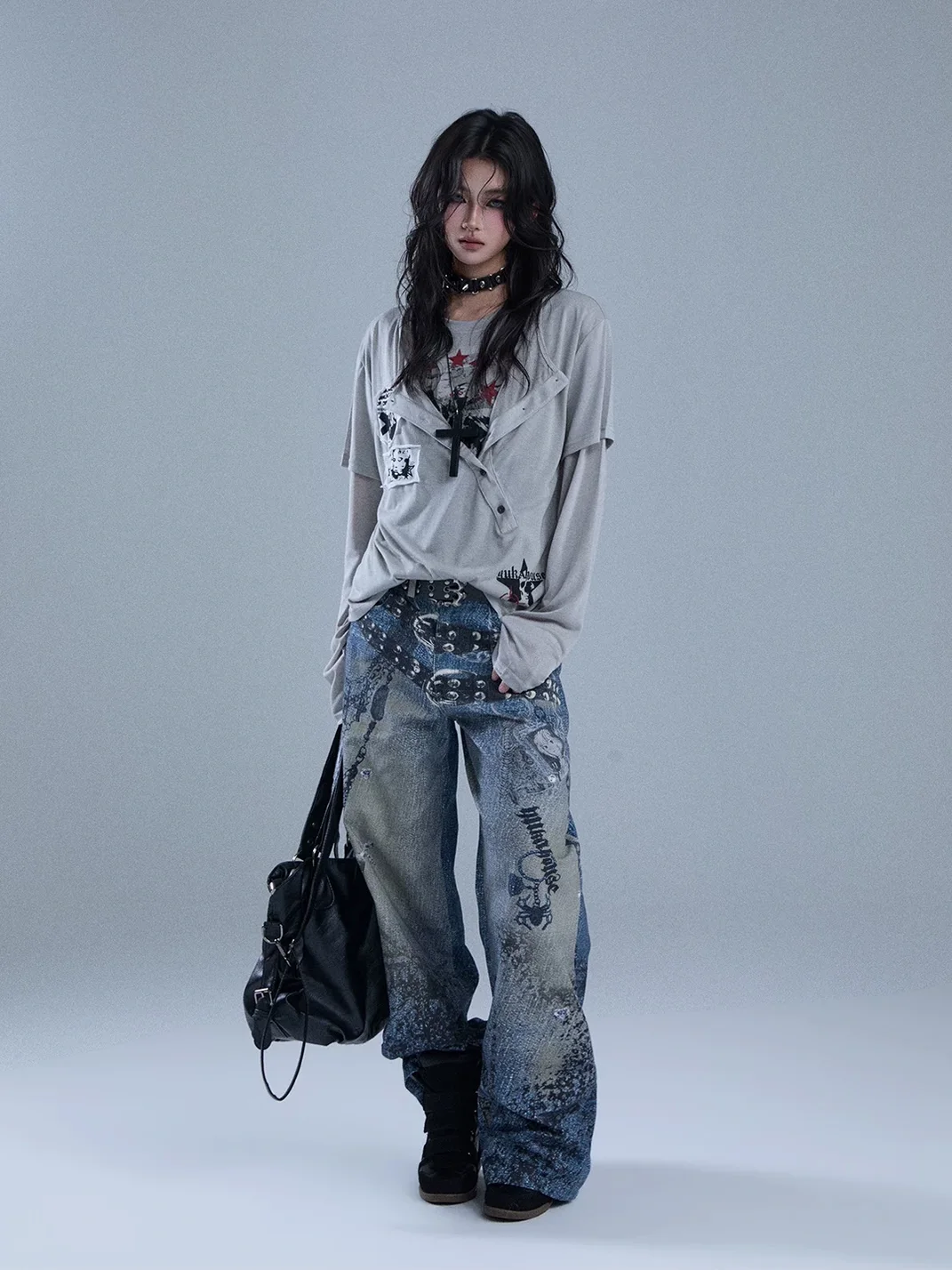 YUKAHOUSE | Faux-Layered Graphic Patch Long Sleeve T-Shirt