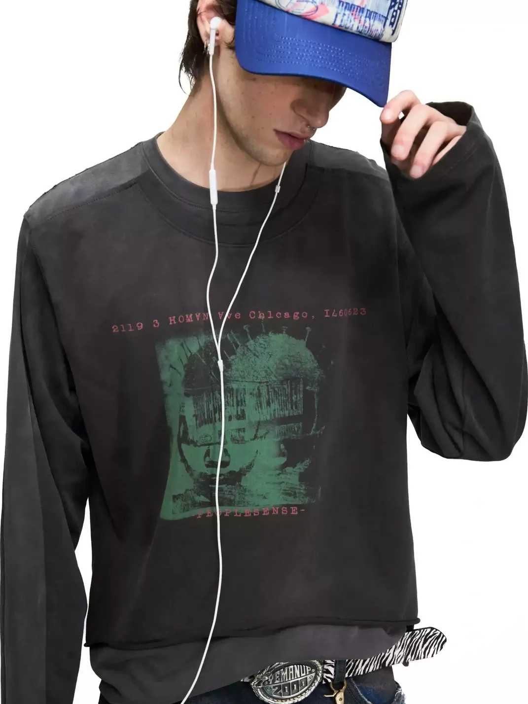 PEOPLESENSE | Distressed Portrait Print Layered-Look Long-Sleeve Loose T-Shirt