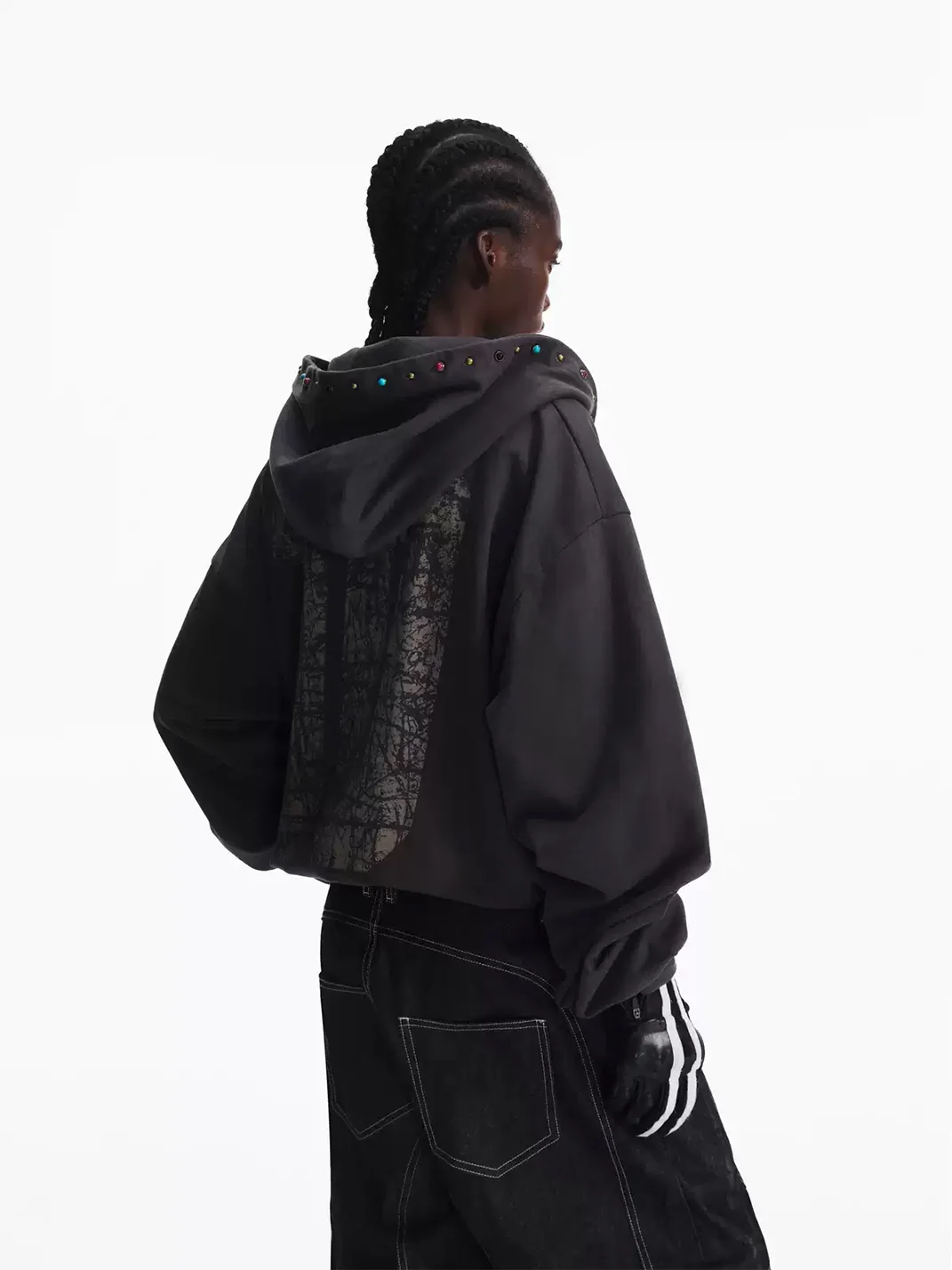 PEOPLESENSE | Distressed Racing Print Jewel Studded Zip-Up Hoodie