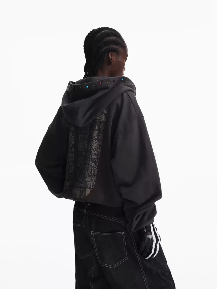 PEOPLESENSE | Distressed Racing Print Jewel Studded Zip-Up Hoodie - 4