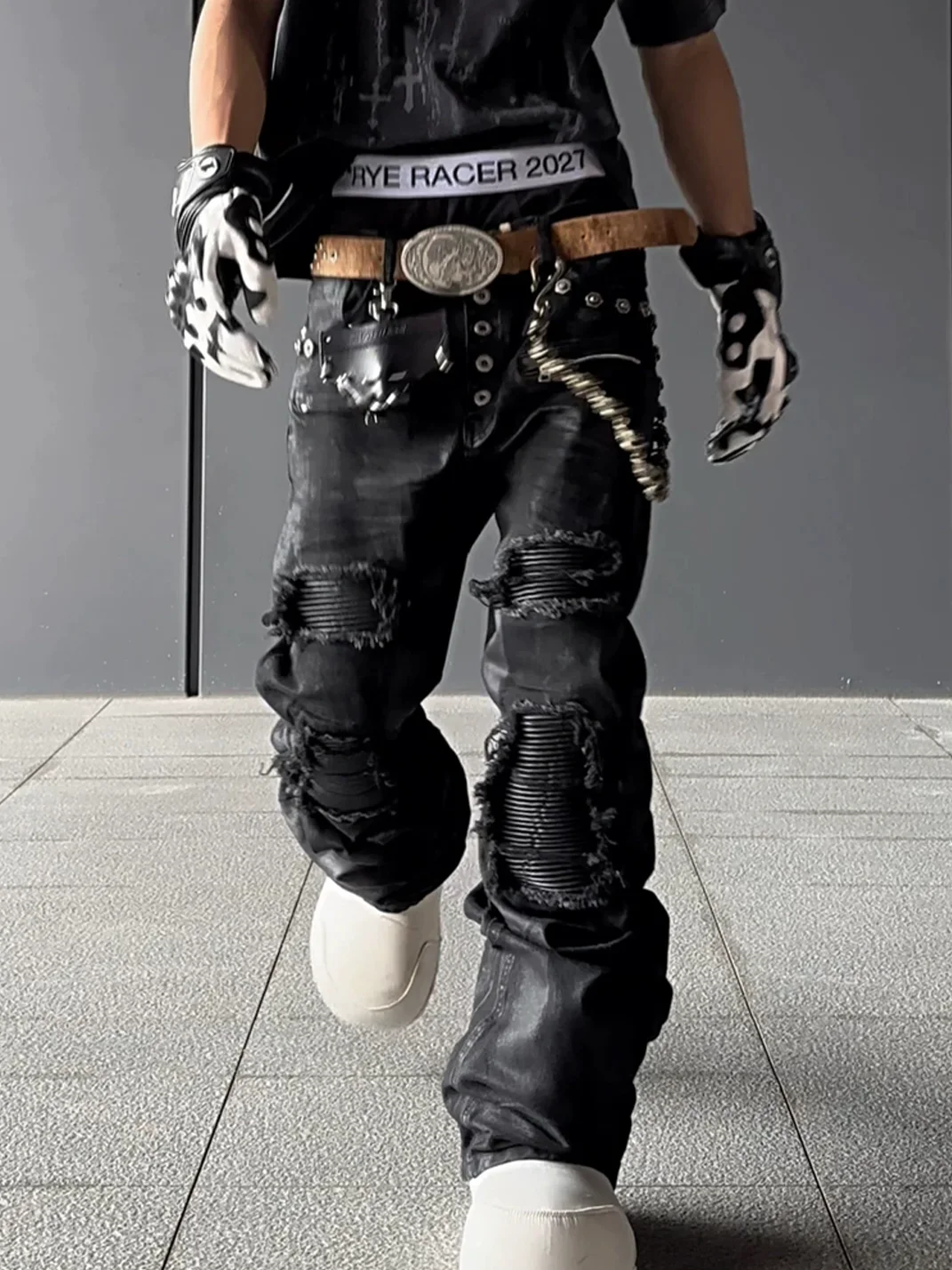 ROLLING MONEY | Black Waxed Curved-Leg Jeans