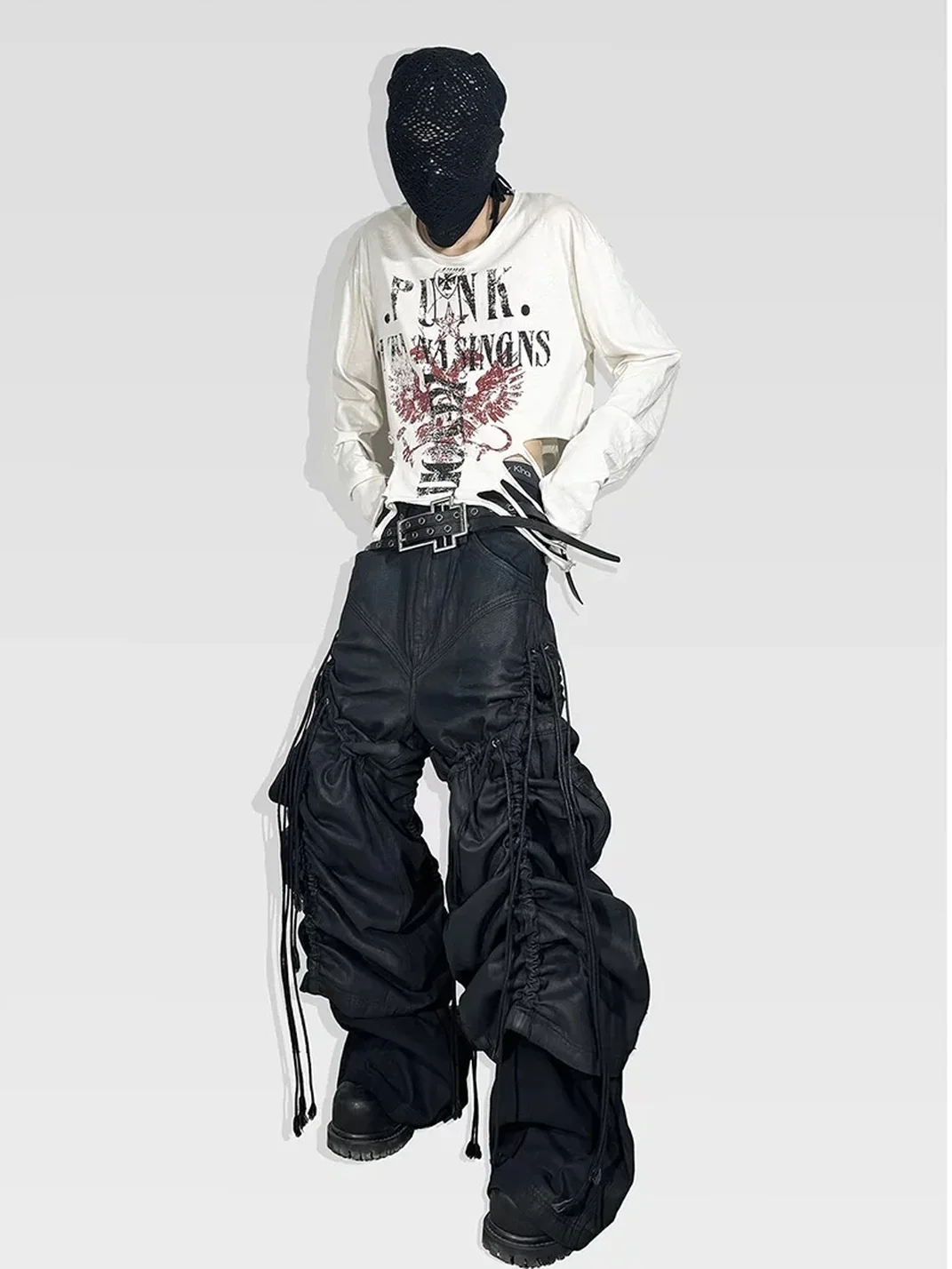 ATAnothingness | Adjustable Ruched Waxed Baggy Wide Leg Jeans