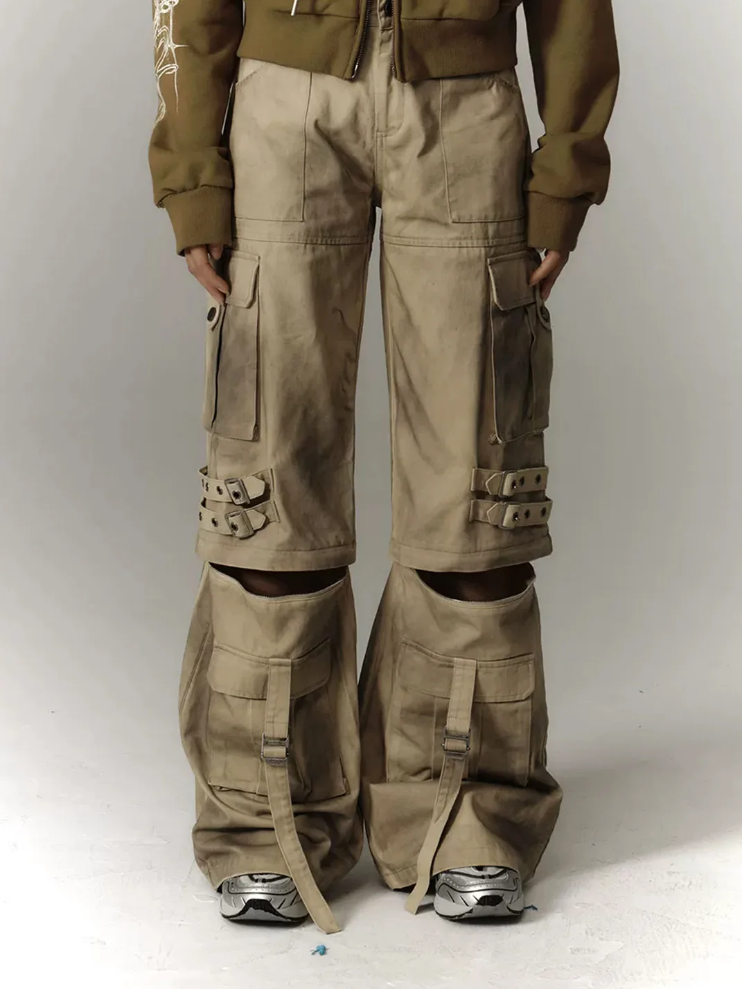 YUKAHOUSE | Washed Distressed Wide-Leg Detachable Cargo Pants