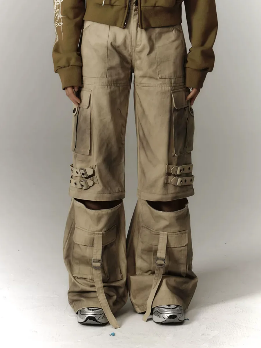 YUKAHOUSE | Washed Distressed Wide-Leg Detachable Cargo Pants - 2