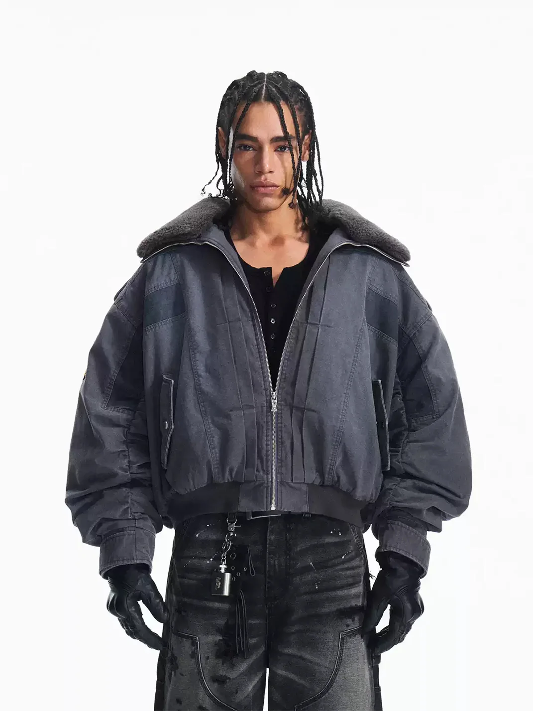 PEOPLESENSE | Embroidered Contrast Panel Lambswool Collar Padded Bomber Jacket