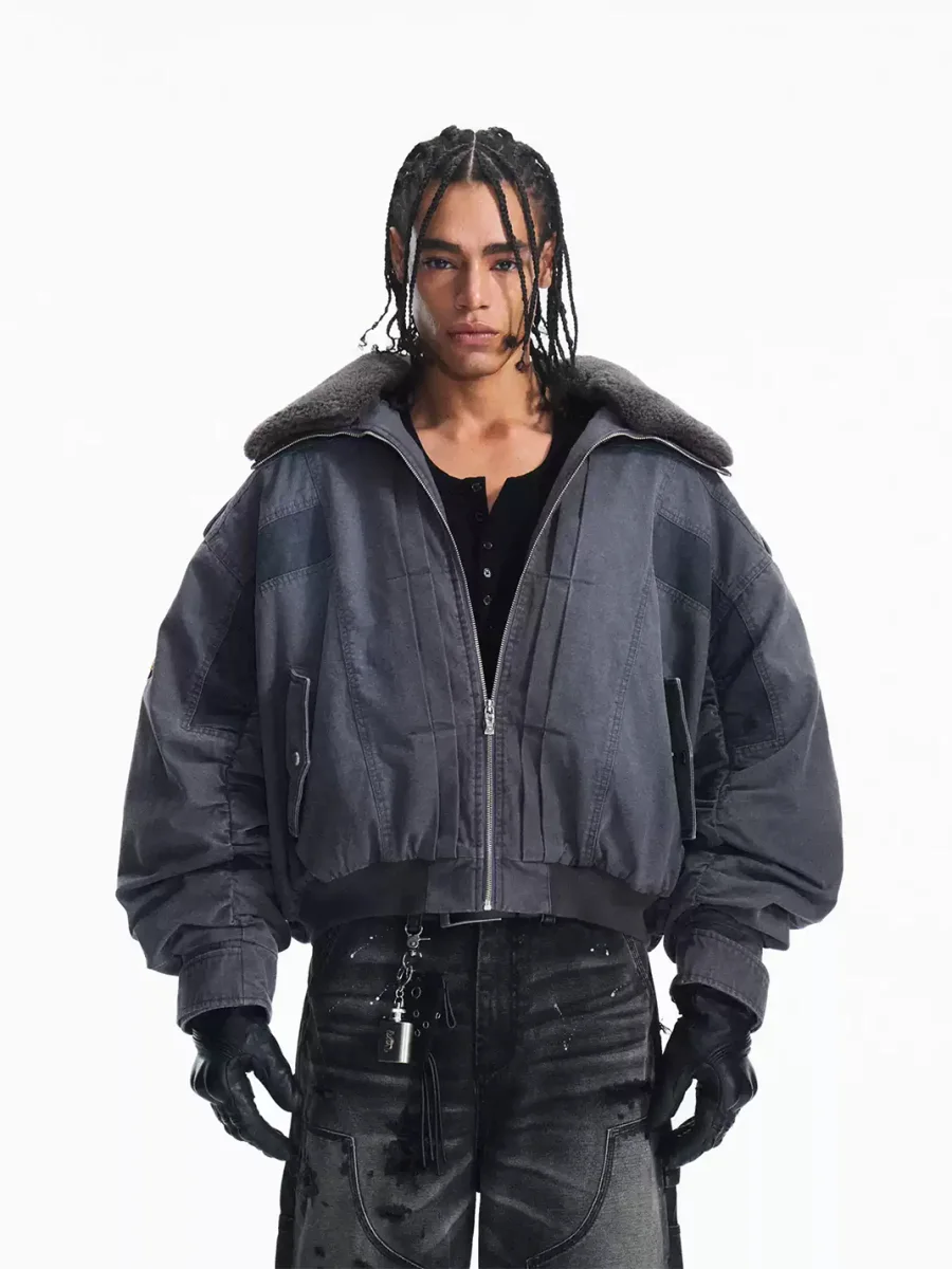PEOPLESENSE | Embroidered Contrast Panel Lambswool Collar Padded Bomber Jacket - 2