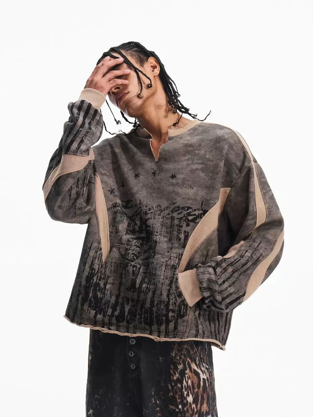 PEOPLESENSE | Distressed Camouflage Contrast Panel Long Sleeve Sweatshirt
