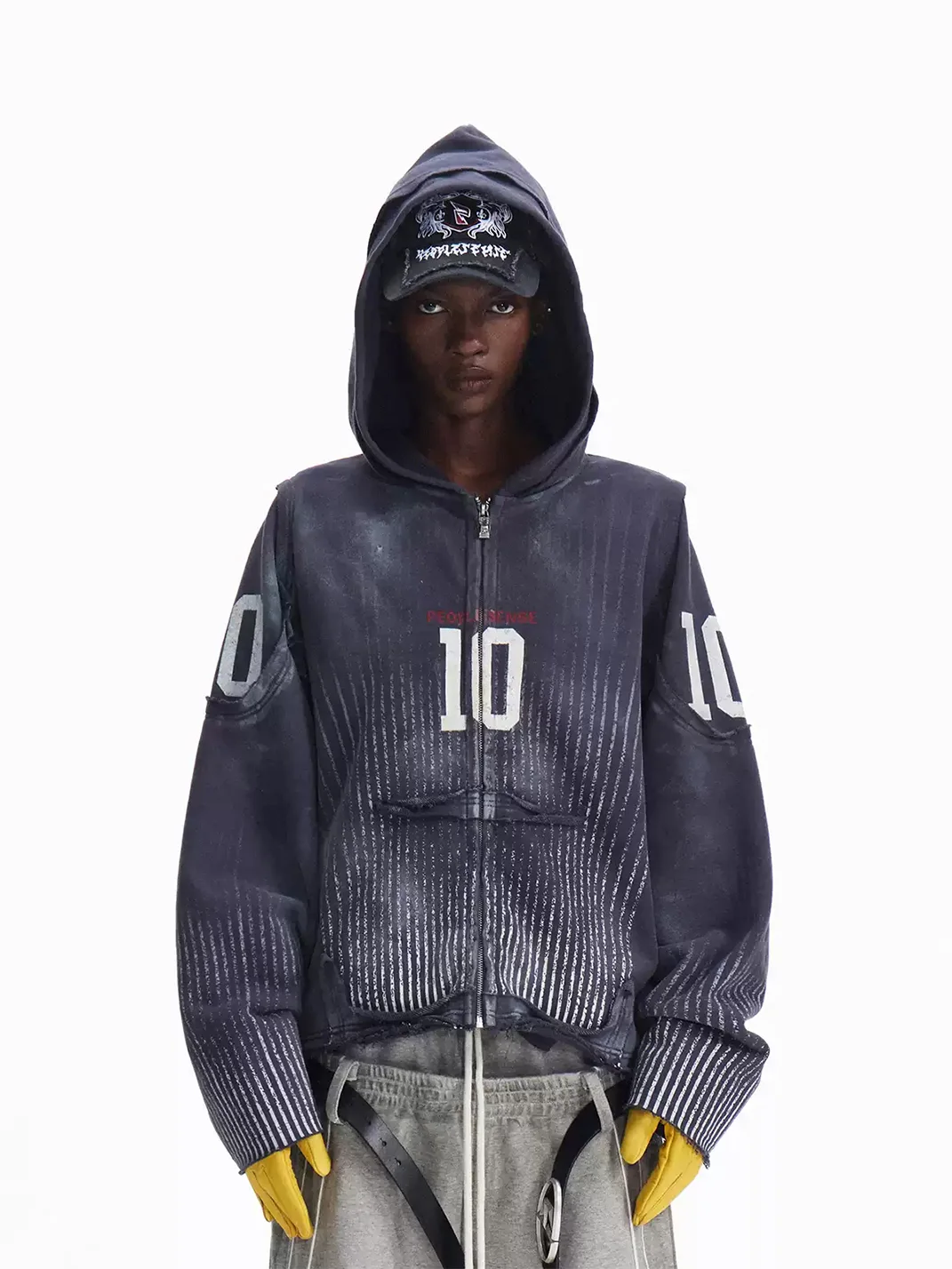 PEOPLESENSE | Distressed Number Print Loose-Fit Zip-Up Hoodie