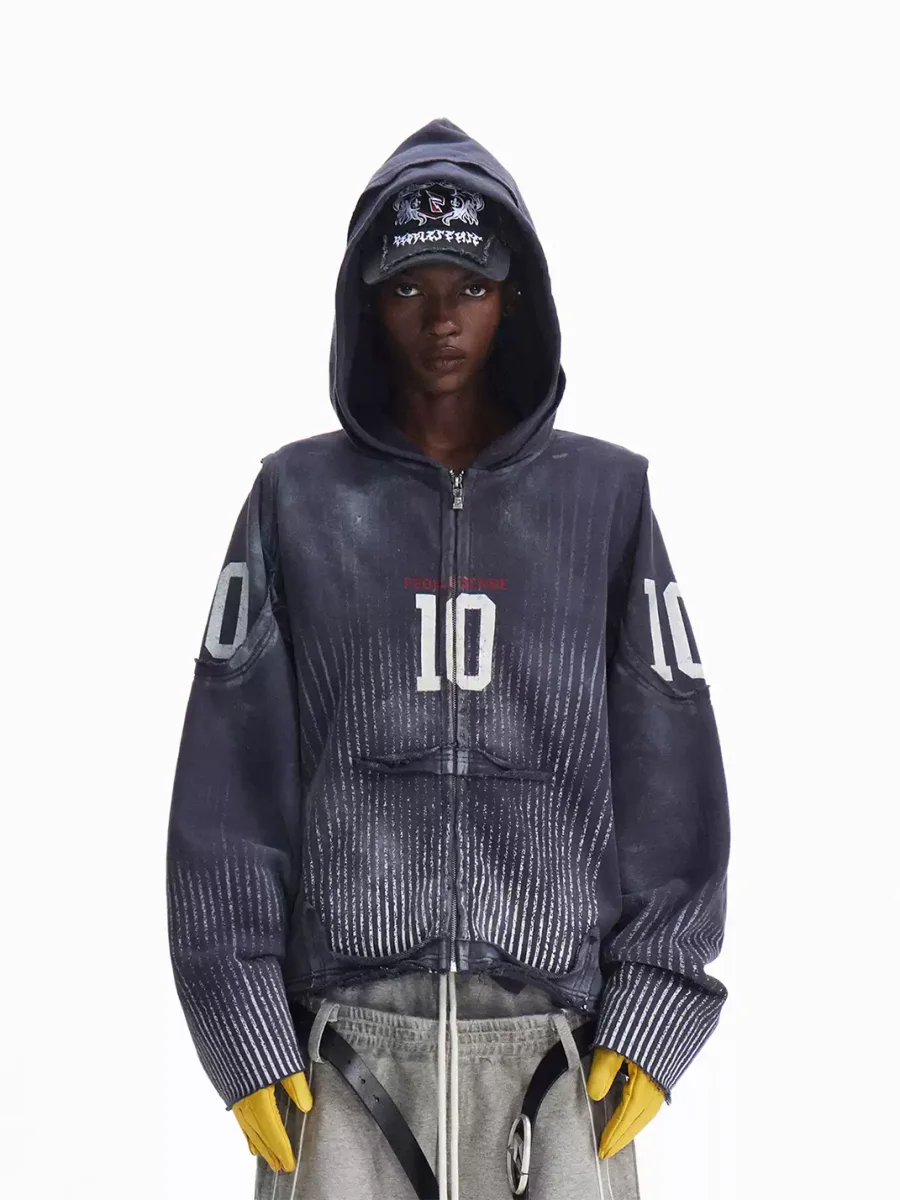 PEOPLESENSE | Distressed Number Print Loose-Fit Zip-Up Hoodie - 2