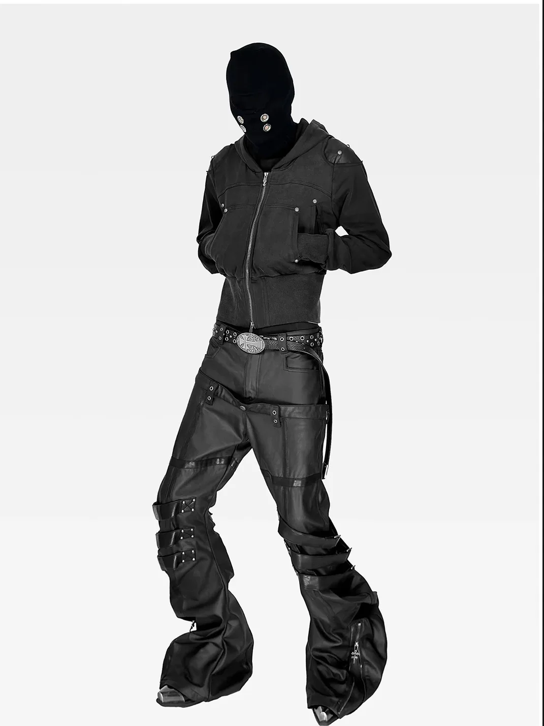 ATAnothingness | Washed Black Armored Shoulder Zip-Up Hoodie